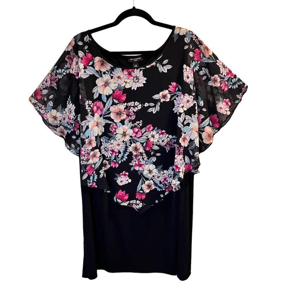 I.N. Studio Women Black Floral Drape Overlay Sleeveless Scarf Sheath Dress Sz 1X